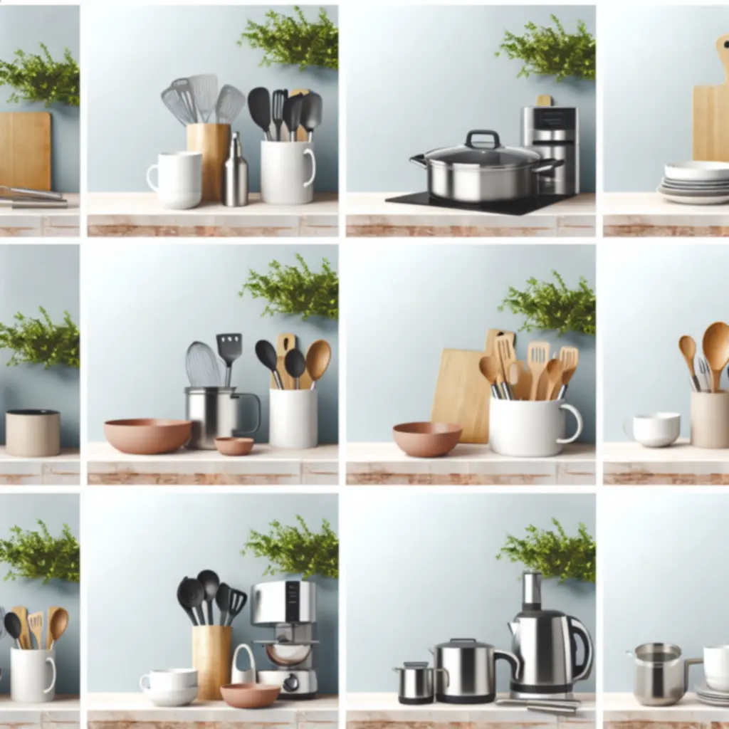 Przegląd różnych produktów kuchennych ułożonych na jasnym blacie