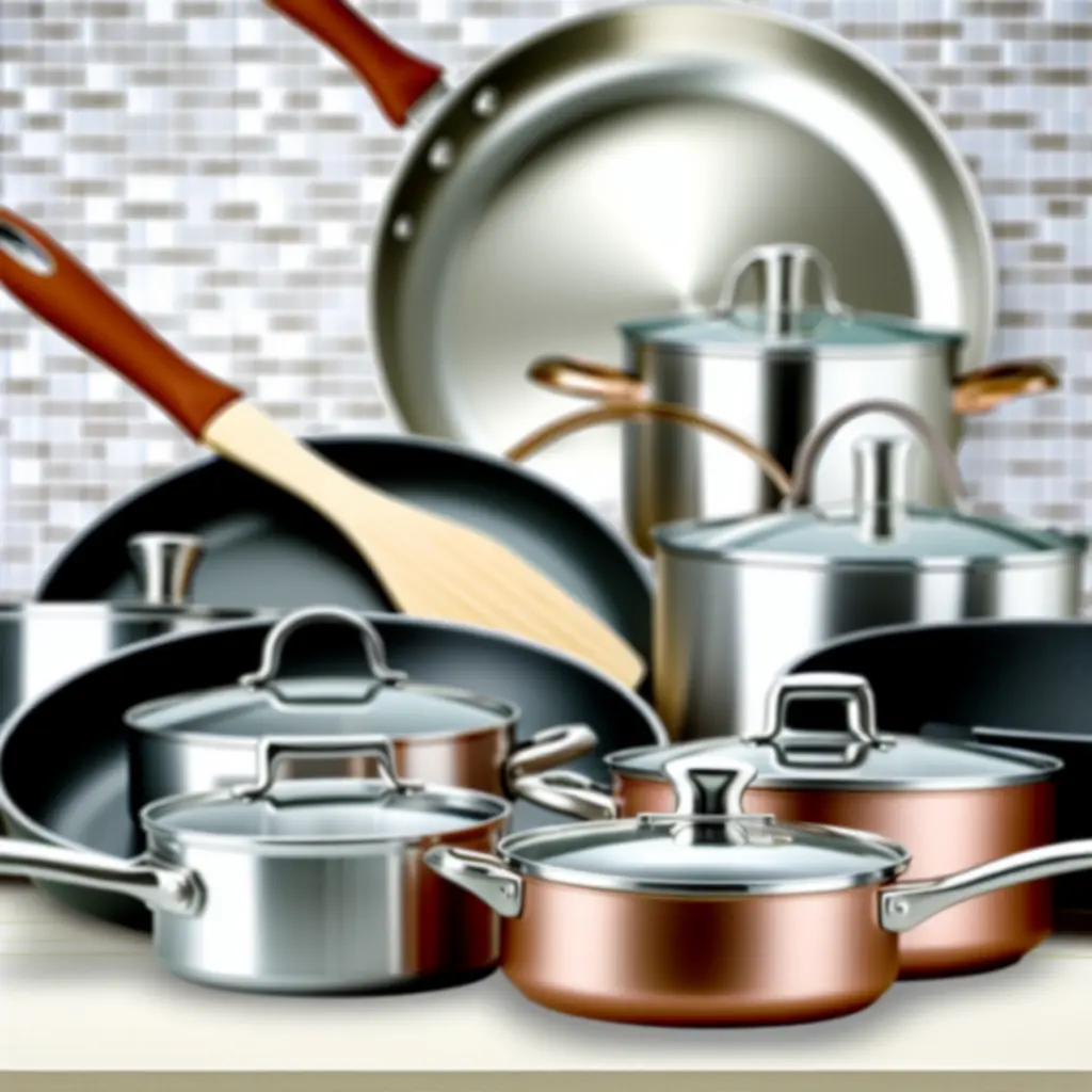 Zbliżenie na różne garnki i patelnie ustawione na kuchennym blacie