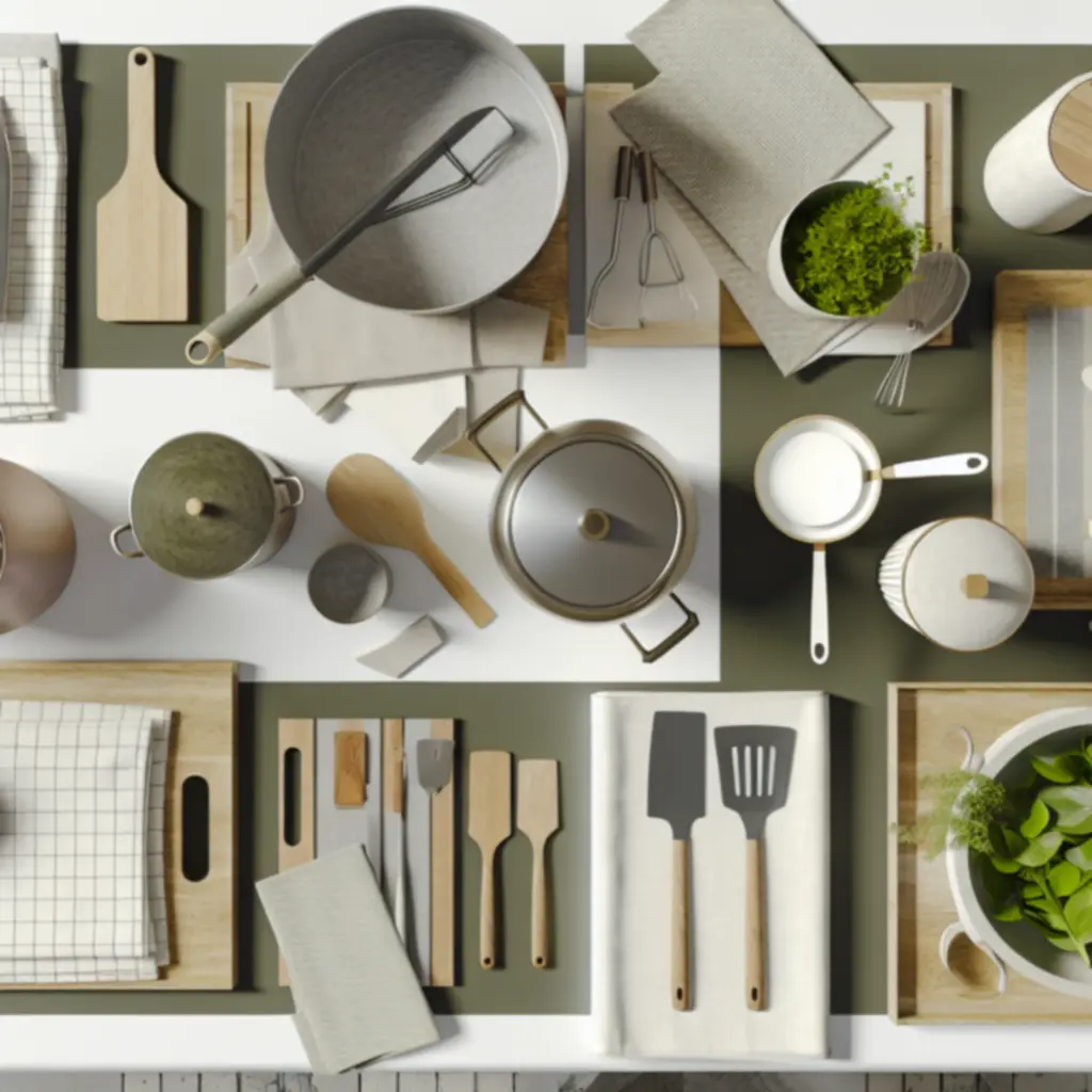 Zestaw garnków, przyborów i akcesoriów kuchennych na jasnym blacie