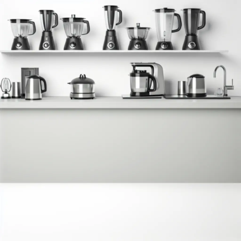 Zestaw nowoczesnego sprzętu kuchennego, w tym mikser i blender