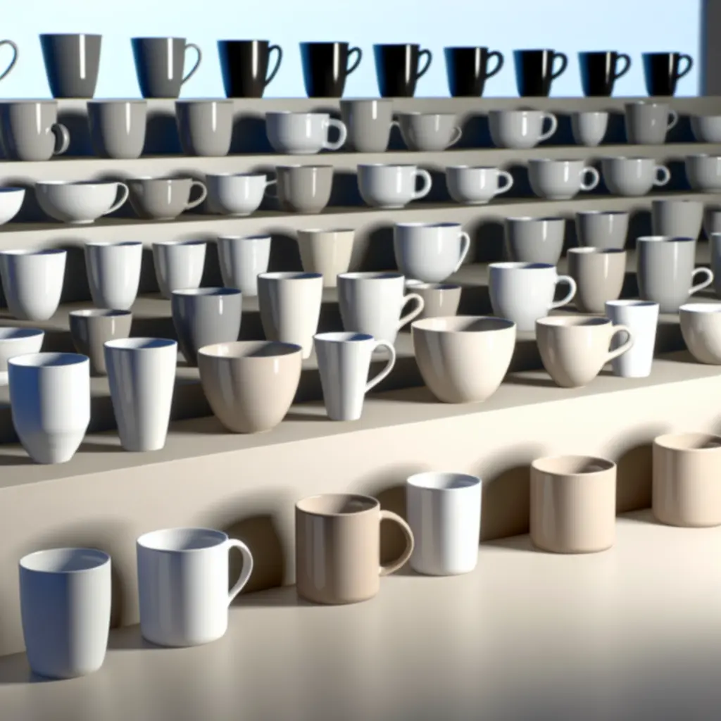 Zestaw ceramicznych kubków ustawionych na drewnianej półce