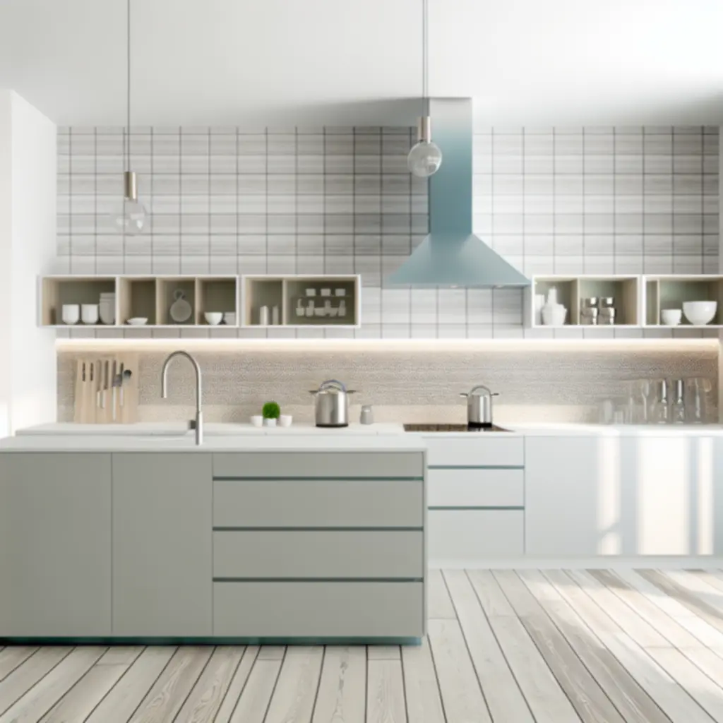 Nowoczesna, jasna kuchnia z uporządkowanymi akcesoriami na blacie