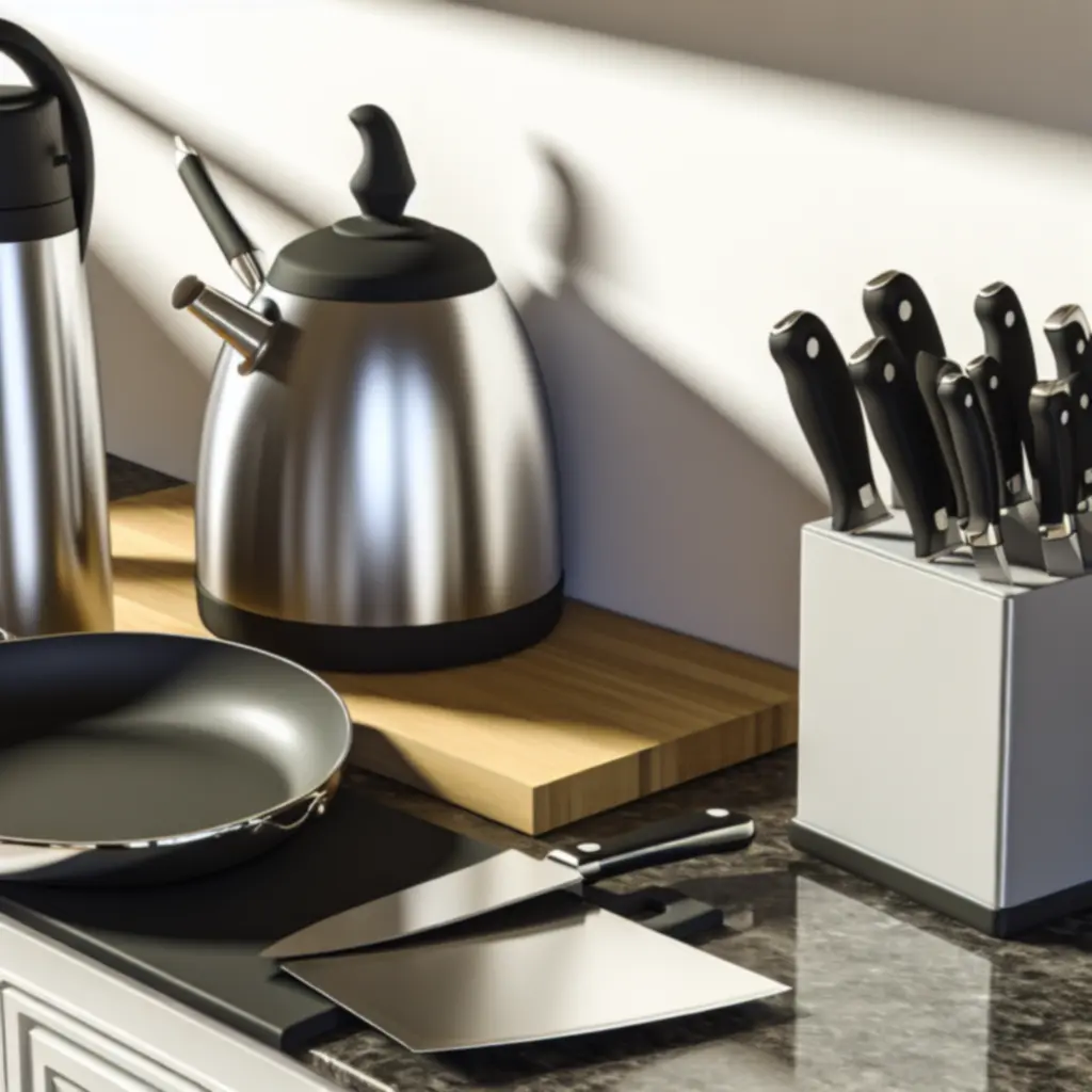 Topowe produkty kuchenne ułożone na blacie: garnki, przybory i akcesoria